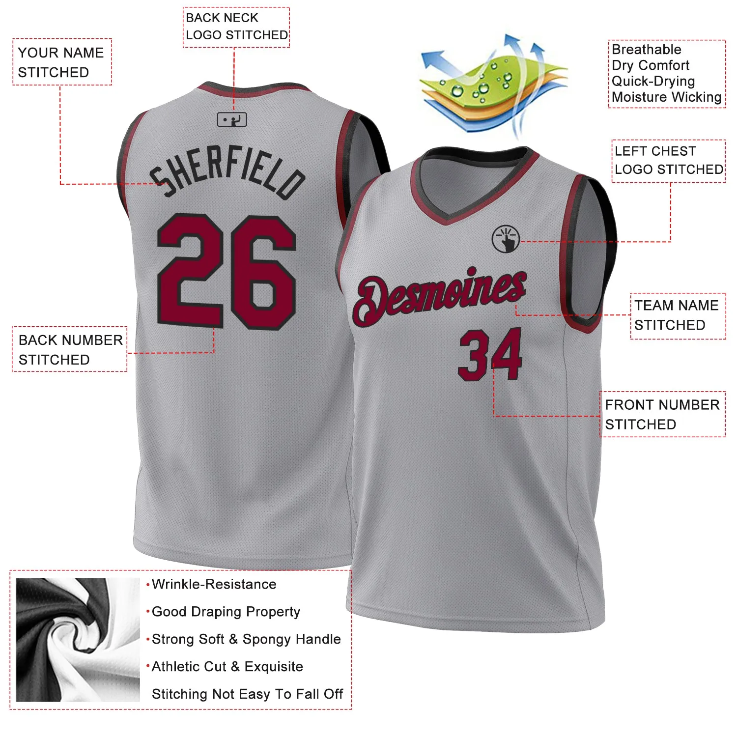 Custom Gray Maroon-Black Authentic Throwback Basketball Jersey