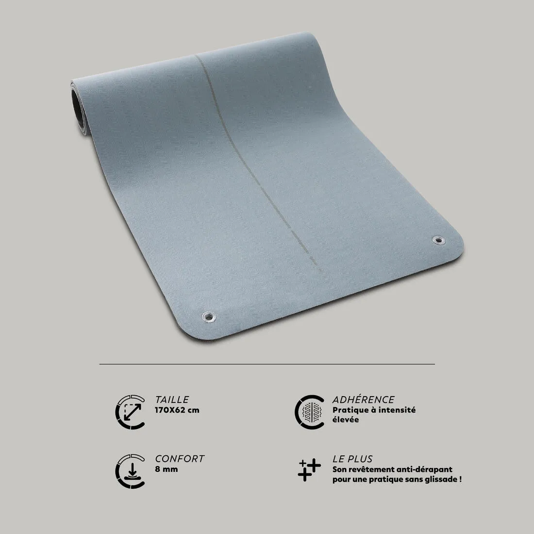 Durable Fitness Mat Tone Mat 500 - 170 cm x 62 cm x 8 mm - Grey
