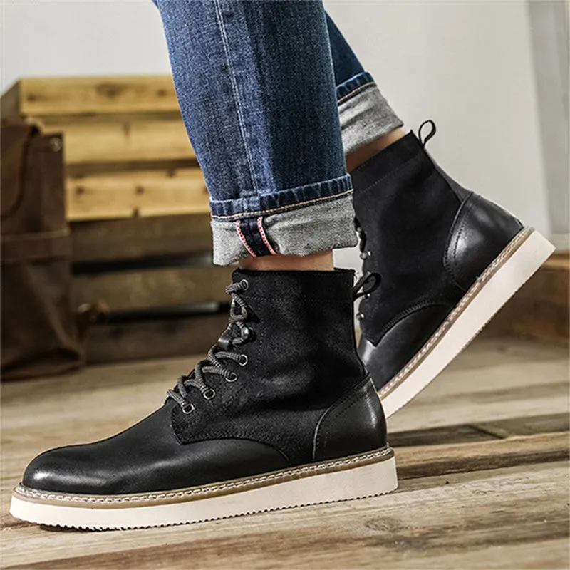 Mens Trendy Lace Up Round Toe High Top Gradient Color Motorcycle Boots