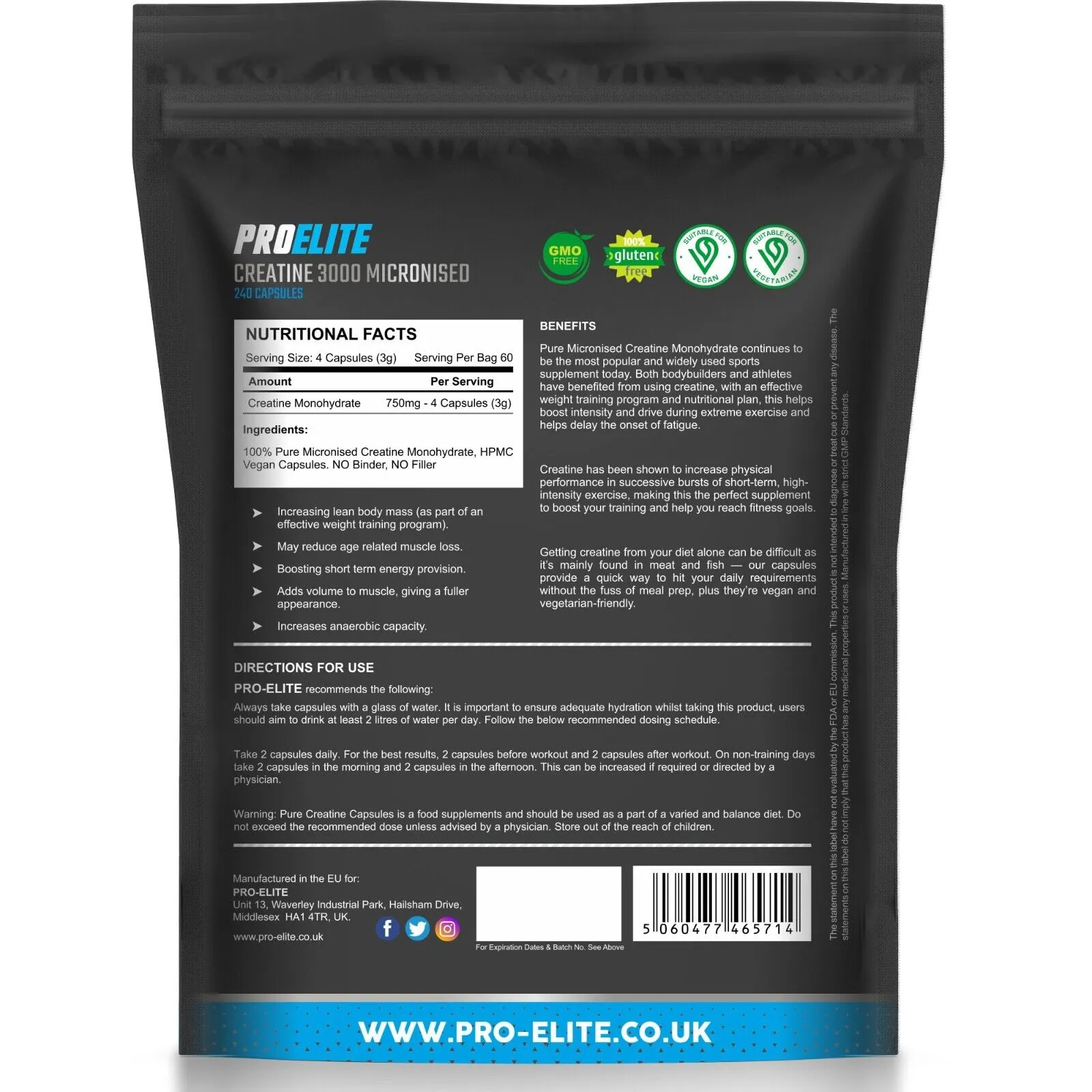 PROELITE Creatine Monohydrate 750mg Vegan Capsules