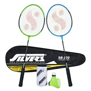 Silver's SB-100 Combo-2 (2 B/Badminton Rackets with 1 Full Cover   2 Pcs Plastic Shuttle) Green-Blue, Steel